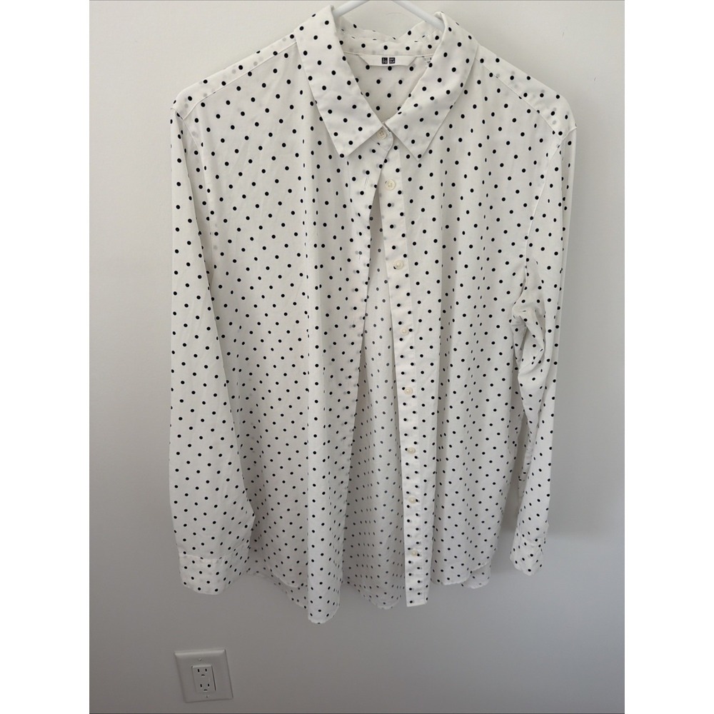 Uniqlo Women's Button-Down Blouse White Polka Dot Medium Rayon